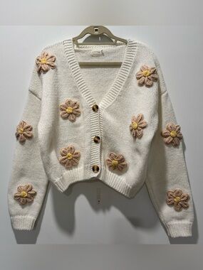 Dreamers by Debut Ivory Cardigan with Beige and Yellow Flower Appliqués